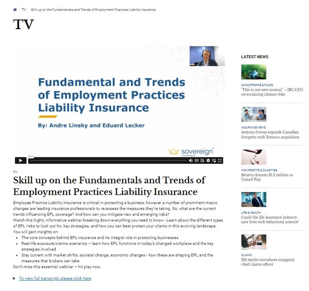 a screenshot of the webinar "Fundamentals and Trends of Employment Practices Liability Insurance"